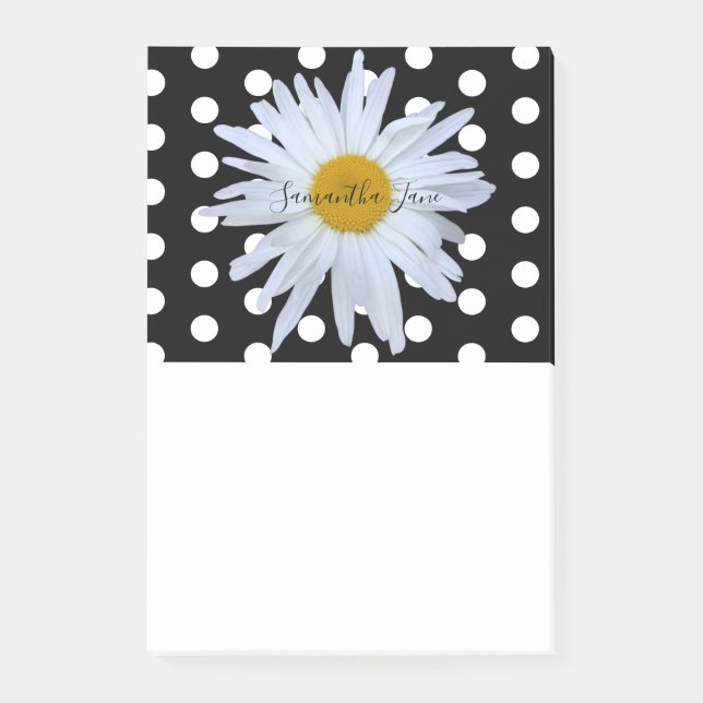 Black Chic White Polka Dots Daisy Custom Post-it Notes (Front)