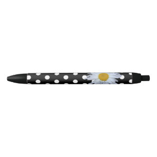 Black Chic White Polka Dots Fun Daisy Custom Ink Pen