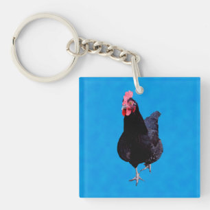 Black Chicken On Sponged Blue Background, Key Ring