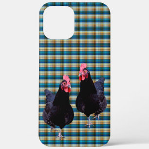 Black Chickens On Blue Tartan Checks, iPhone 12 Pro Max Case