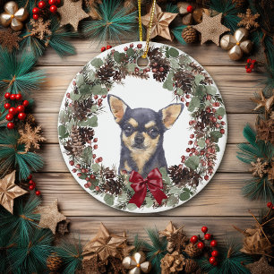Black Chihuahua Dog Pinecone Wreath Personalised  Ceramic Tree Decoration
