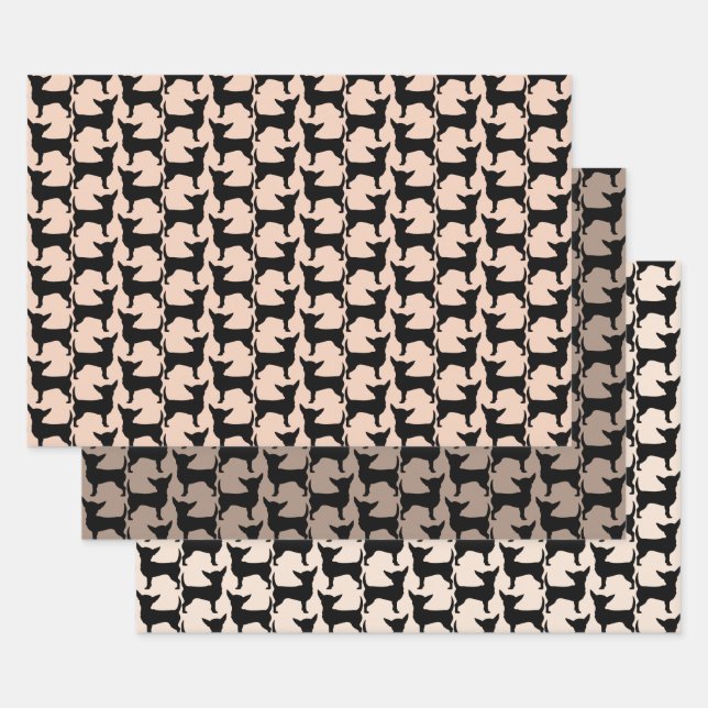 Black Chihuahua Silhouette Tiled Pattern Wrapping Paper Sheet (Set)