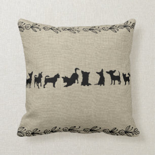 Black Chihuahua Silhouette Vintage Floral Pillow