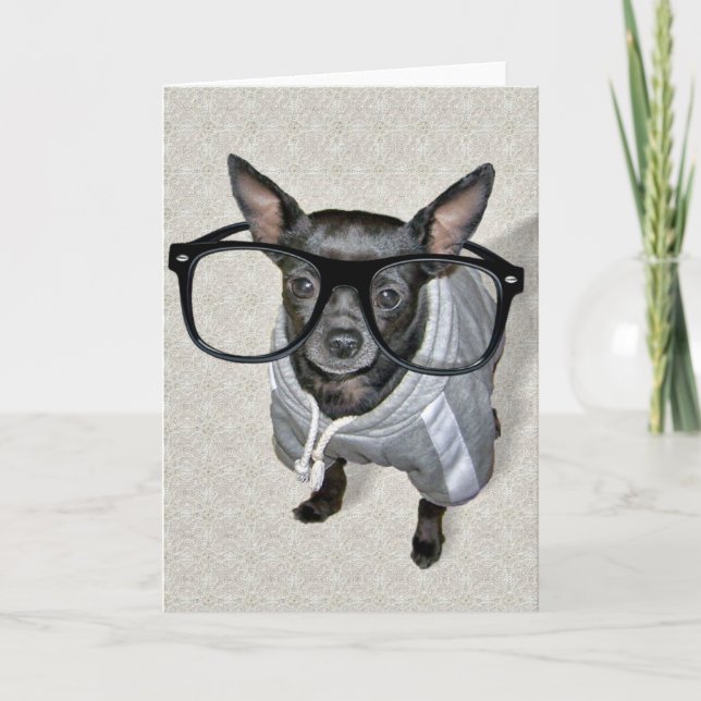 Black Chihuahua with Glasses Photo Card (Front)