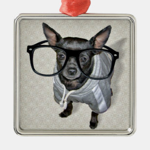Black Chihuahua with Glasses Photo Metal Tree Decoration