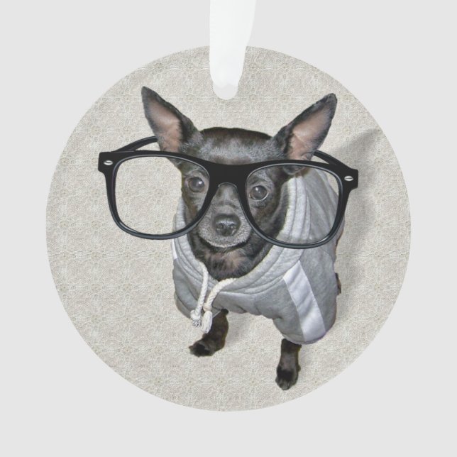 Black Chihuahua with Glasses Photo Ornament (Front)