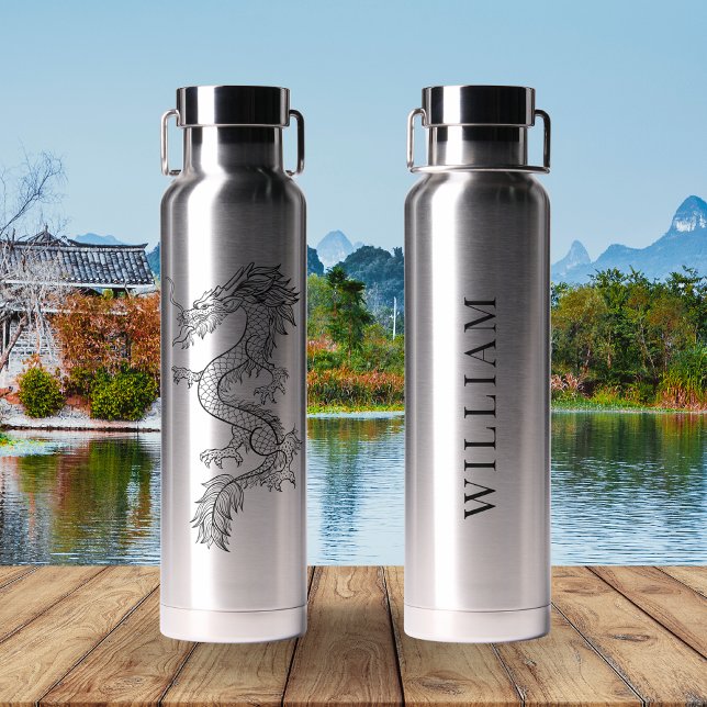Black Chinese Dragon Personalised Water Bottle (Creator Uploaded)