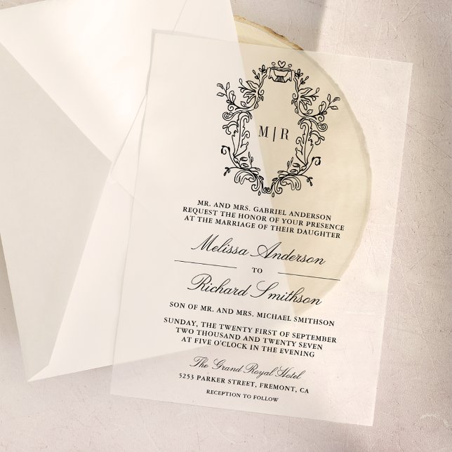 Black Chinoiserie Crest Monogram Wedding Vellum Invitations (Creator Uploaded)