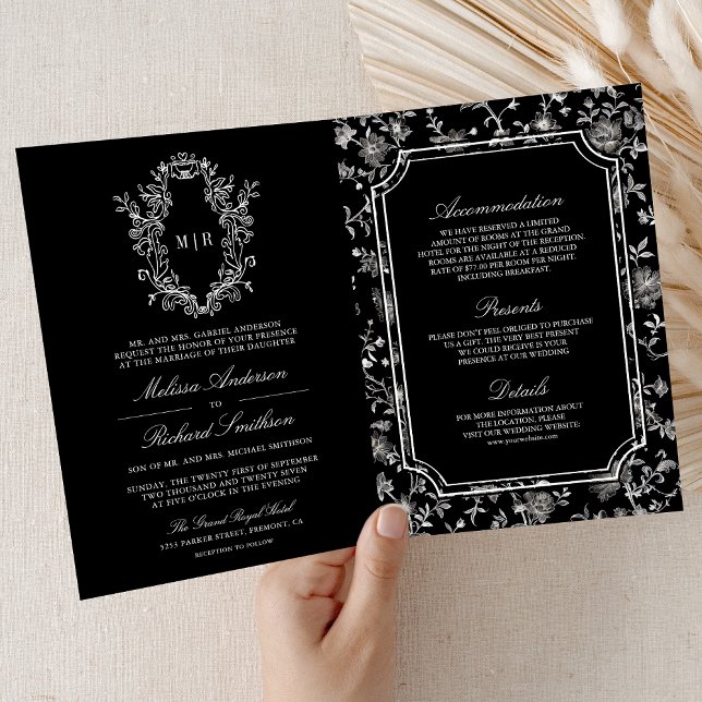 Black Chinoiserie Crest QR Code Wedding Invitation (Creator Uploaded)