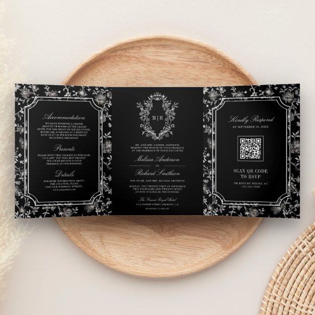 Black Chinoiserie Crest QR Code Wedding Tri-Fold Invitation (Creator Uploaded)