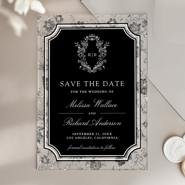 Black Chinoiserie Crest Wedding Save the Date Acrylic Invitations (Creator Uploaded)