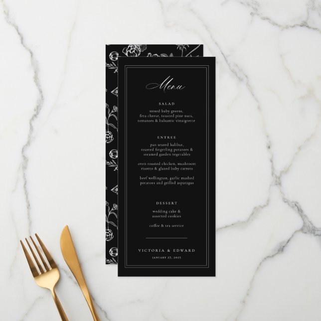 Black Chinoiserie Floral Wedding Menu (Front/Back In Situ)