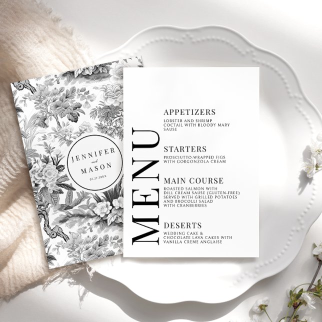 Black chinoiserie porcelain wedding menu cards (Creator Uploaded)