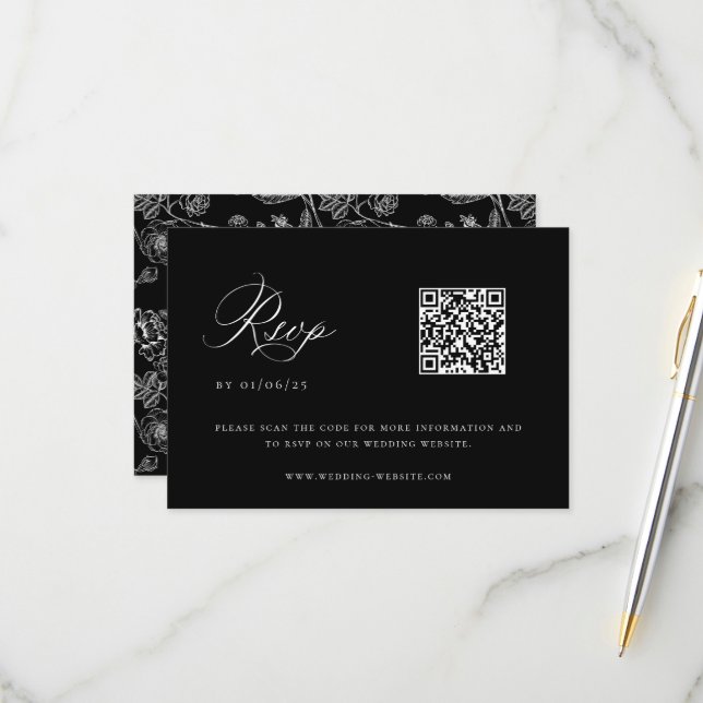 Black Chinoiserie Wedding QR Code RSVP Card (Front/Back In Situ)