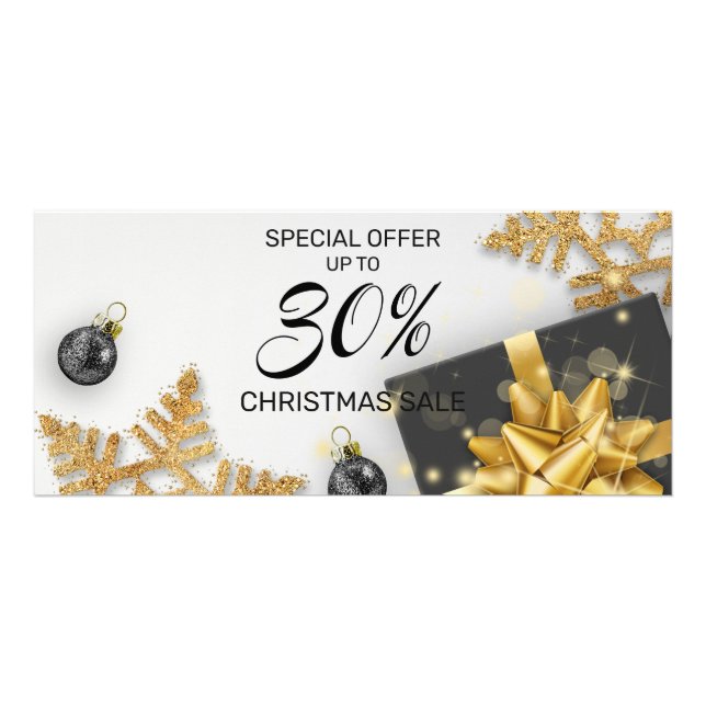 Black Christmas Ball Gift Gold Snowflakes Discount Rack Card (Front)