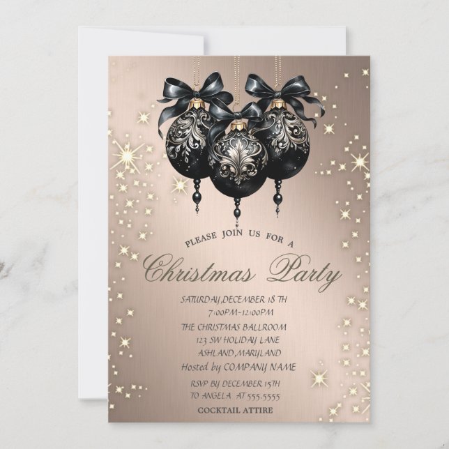 Black Christmas Balls Rose Gold Christmas Party Invitation (Front)