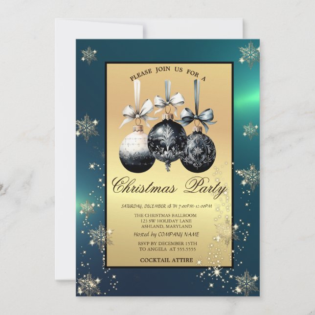 Black Christmas Balls Snowflakes Gold Party Invitation (Front)