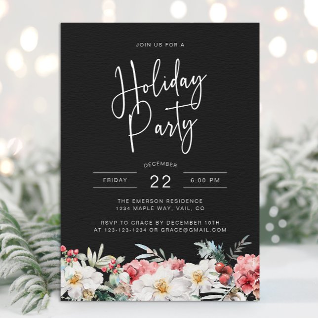Black Christmas Botanical Holiday Party Invitation (Elegant Black Holiday Party Invitation Watercolor Botanical Floral Berries)