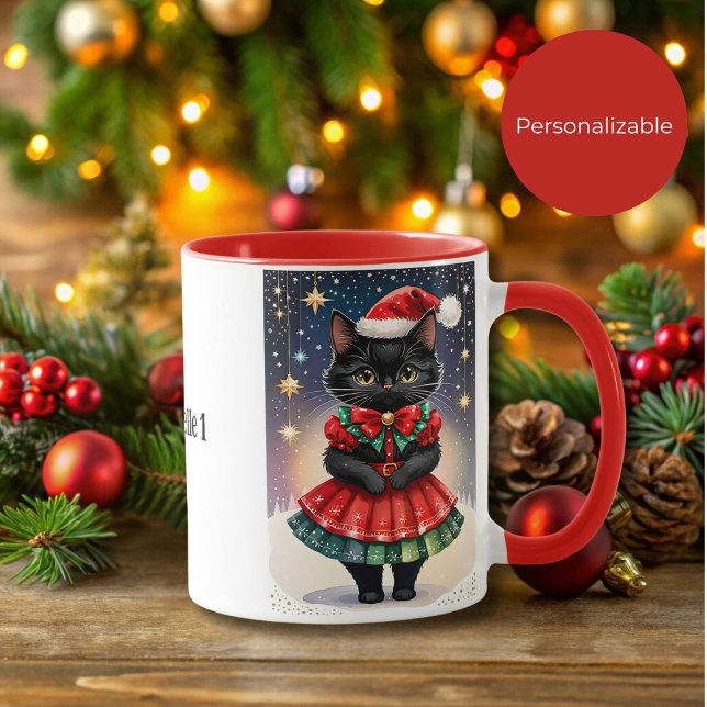 Black Christmas Cat in Red and Green Skirt Mug (Creator Uploaded)