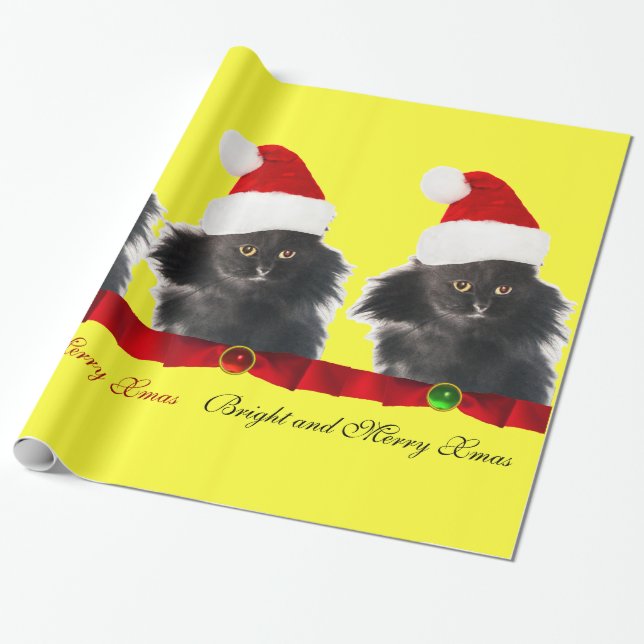 BLACK CHRISTMAS CAT,SANTA CLAUS HAT AND RED RIBBON WRAPPING PAPER (Unrolled)