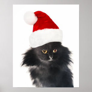 BLACK CHRISTMAS CAT WITH SANTA CLAUS HAT POSTER