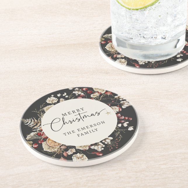 Black Christmas Coaster (Black Botanical Christmas Holiday Coasters
)