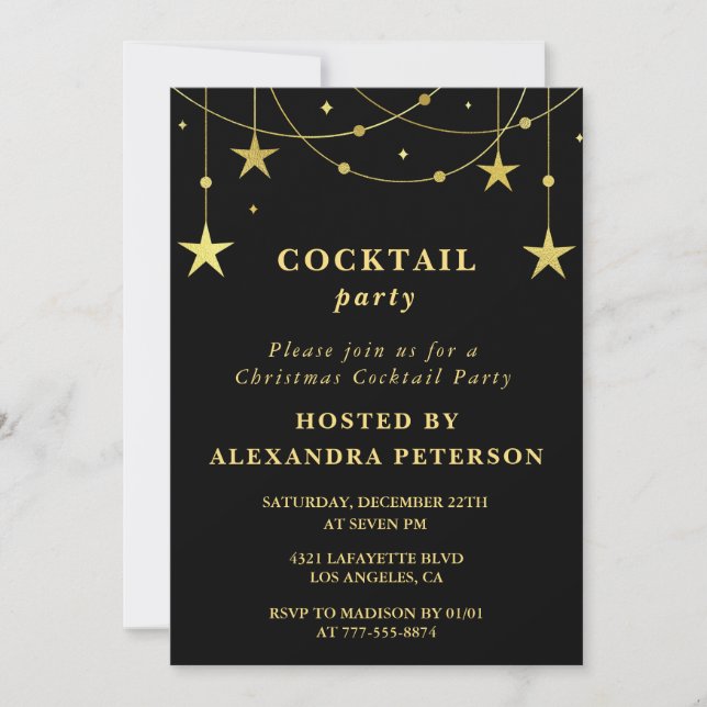Black Christmas Cocktail Party invite Gold Stars (Front)