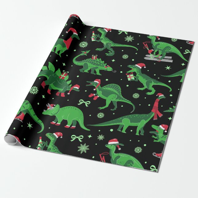 black christmas dinosaurs stegosaurus triceratops  wrapping paper (Unrolled)