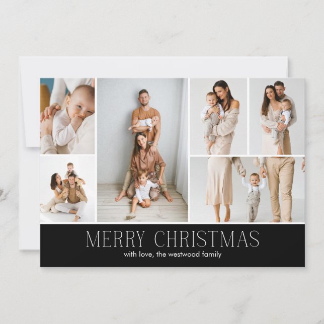 BLACK Christmas Elegant 6 Collage Photo message Holiday Card (Front)