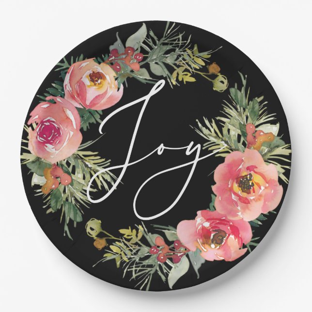Black Christmas. Elegant Joy Script Floral Holiday Paper Plate (Front)