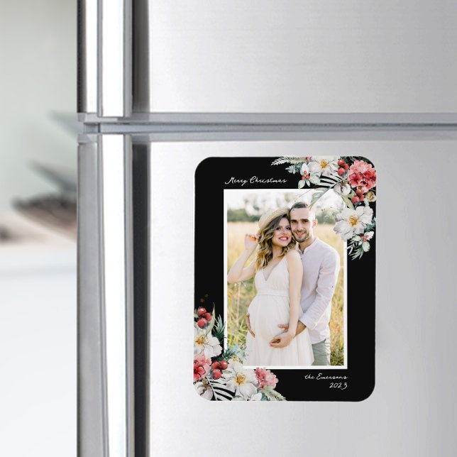 Black Christmas Elegant Photo Magnet (Elegant Black Holiday Card Magnet with Photo and Watercolor Botanical Floral Berries)