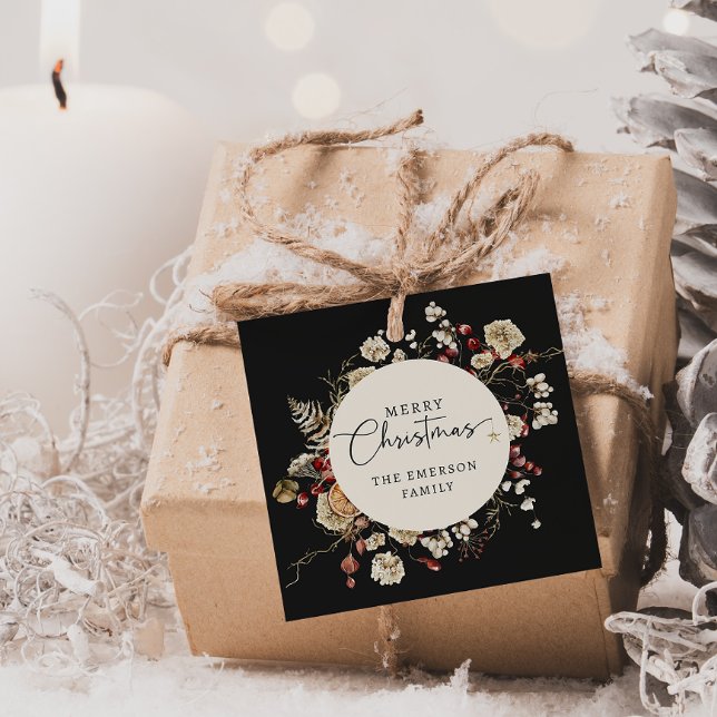 Black Christmas Favour Tags (Black Boho Botanical Merry Christmas Favor Tags
)