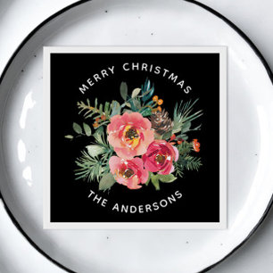 Black Christmas Floral & Pine. Dark Festive Winter Napkin