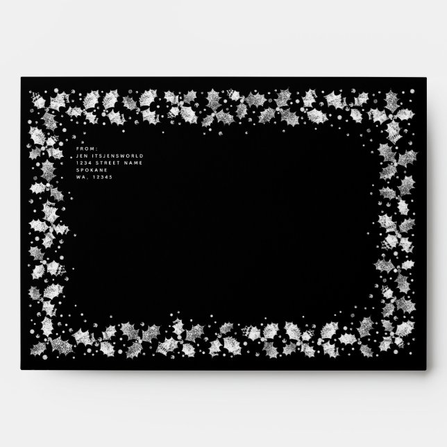 Black Christmas Holly Border Return Address A7 Envelope (Front)