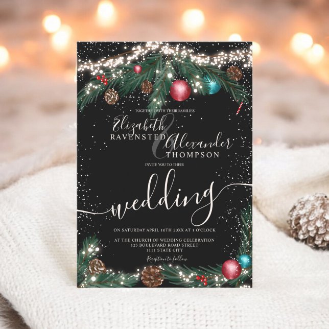 Black Christmas lights pine branch snow wedding Invitation (Black Christmas lights pine branch snow wedding Invitation)