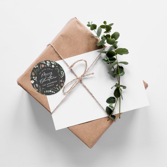 Black Christmas minimal elegant botanical photo Classic Round Sticker (Creator Uploaded)