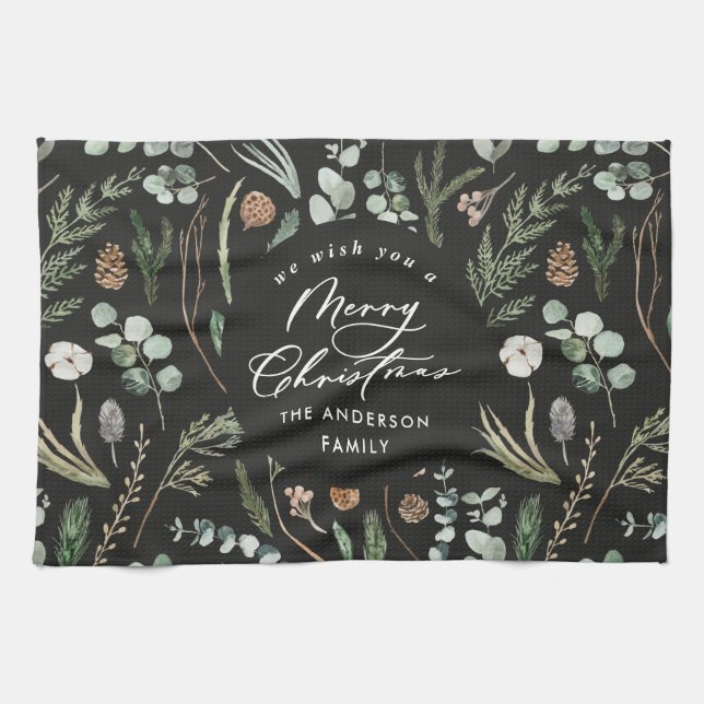 black Christmas minimal elegant botanical Tea Towel (Horizontal)