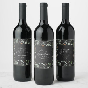 Black Christmas minimal elegant botanical Wine Label
