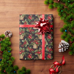 Black Christmas Modern Botanical Pattern Wrapping Paper