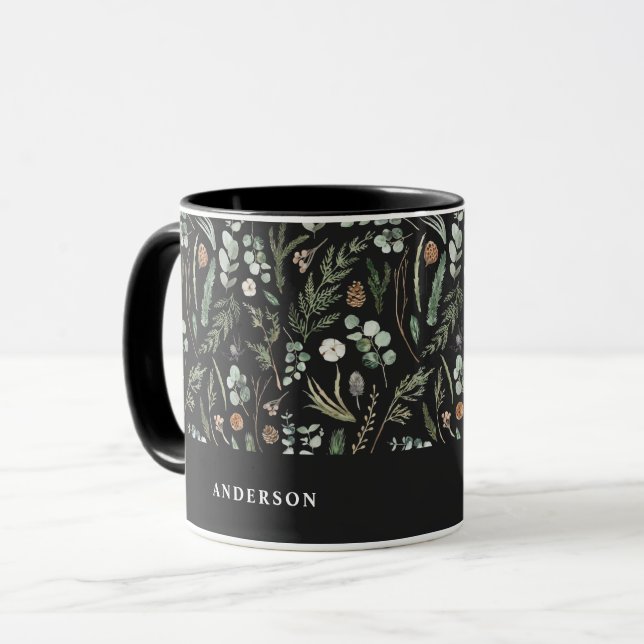 Black Christmas modern minimal botanical elegant Mug (Front Left)