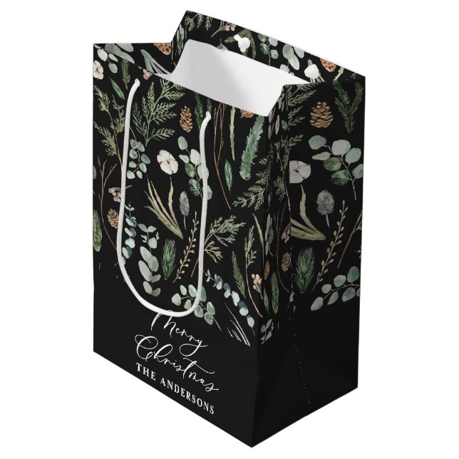 Black Christmas modern minimal botanical Medium Gift Bag (Front Angled)