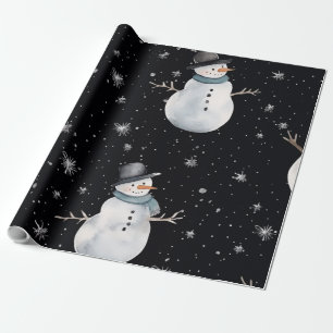 Black Christmas night Snowman  Wrapping Paper