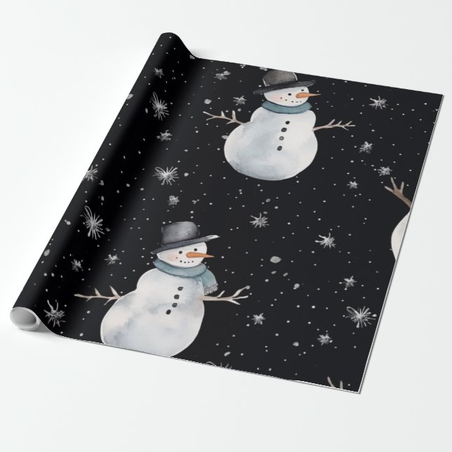Black Christmas night Snowman  Wrapping Paper (Unrolled)