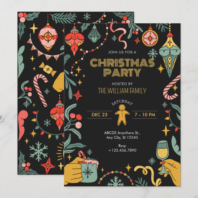 Black Christmas party ornaments Invitation (Front/Back)