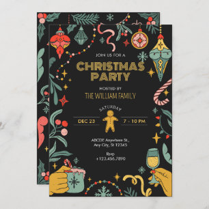 Black Christmas party ornaments Invitation