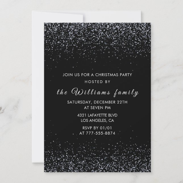 Black Christmas Party  Silver Glitter Invitation (Front)