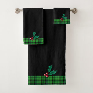 Black Christmas Plaid and Holly Towel Set