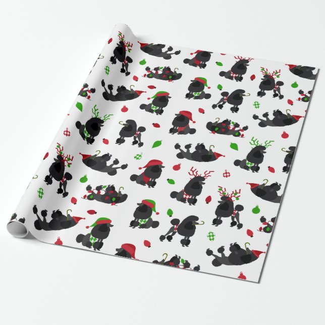 Black Christmas Poodles White Wrapping Paper (Unrolled)