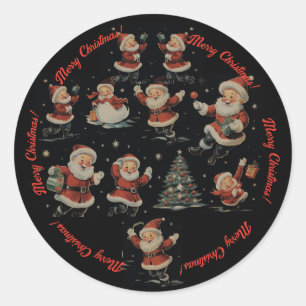 Black Christmas Santa Snowman vintage pattern Classic Round Sticker