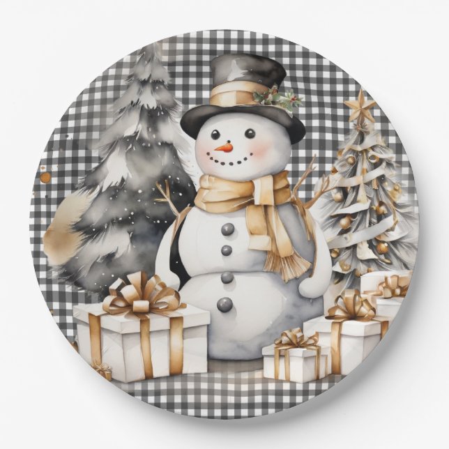 Black christmas snowman winter design paper plate (Front)